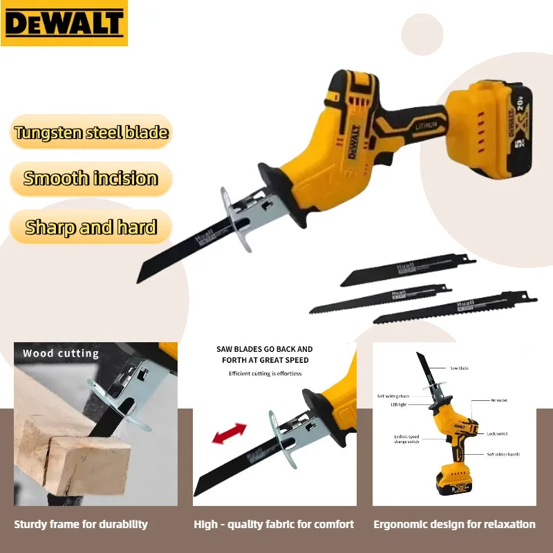 Fierăstrău reciproc fără fir DEWALT 20V Brushless – 2800 RPM / 3999 W, proiectat pentru tăierea metalului, lemnului și țevilor – sculă electrică de performanță